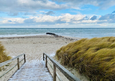 Ein bereifter Holzsteg führt an den Strand. Das Dünengras wird vom Wind stark bewegt. Blauer Himmel und Sonne. Es ist kalt. Die Ostseewellen rollen an den Strand.